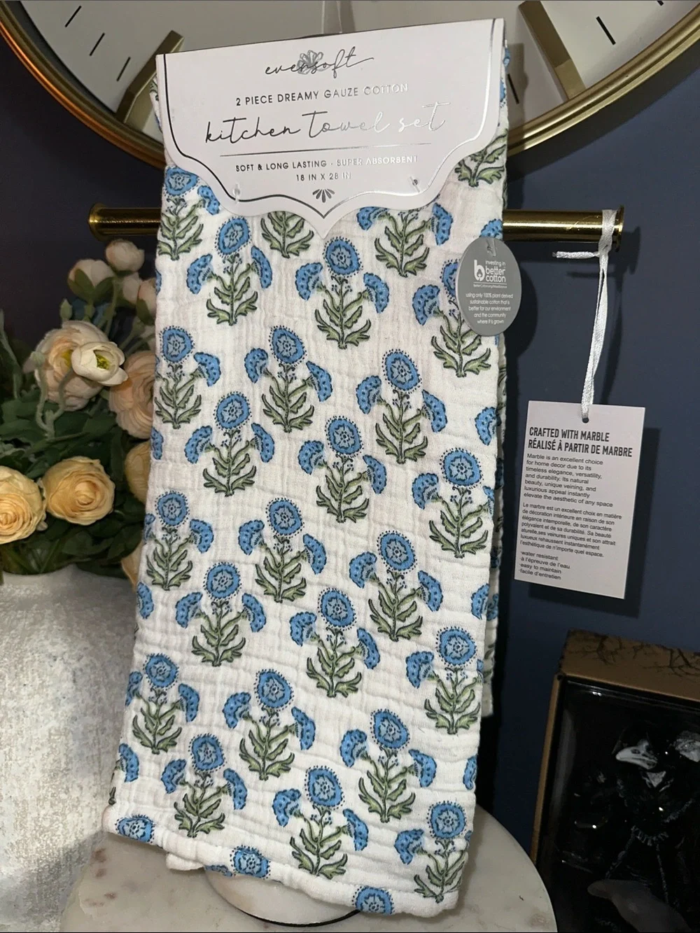 Blue Floral block print Gauze Cotton Kitchen Towel Set
